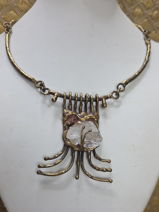 Artisan Jewelry - Brutalist Artisan Handmade Statement Necklace with Clear Raw Crystal Pendant